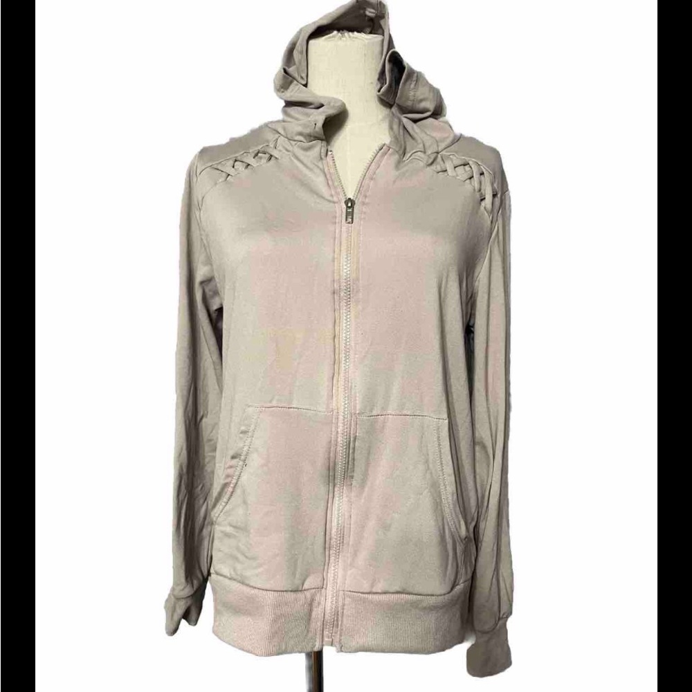 Lit 26 Love Full Zip Hooded Sweater Front Pockets Beige Size M,